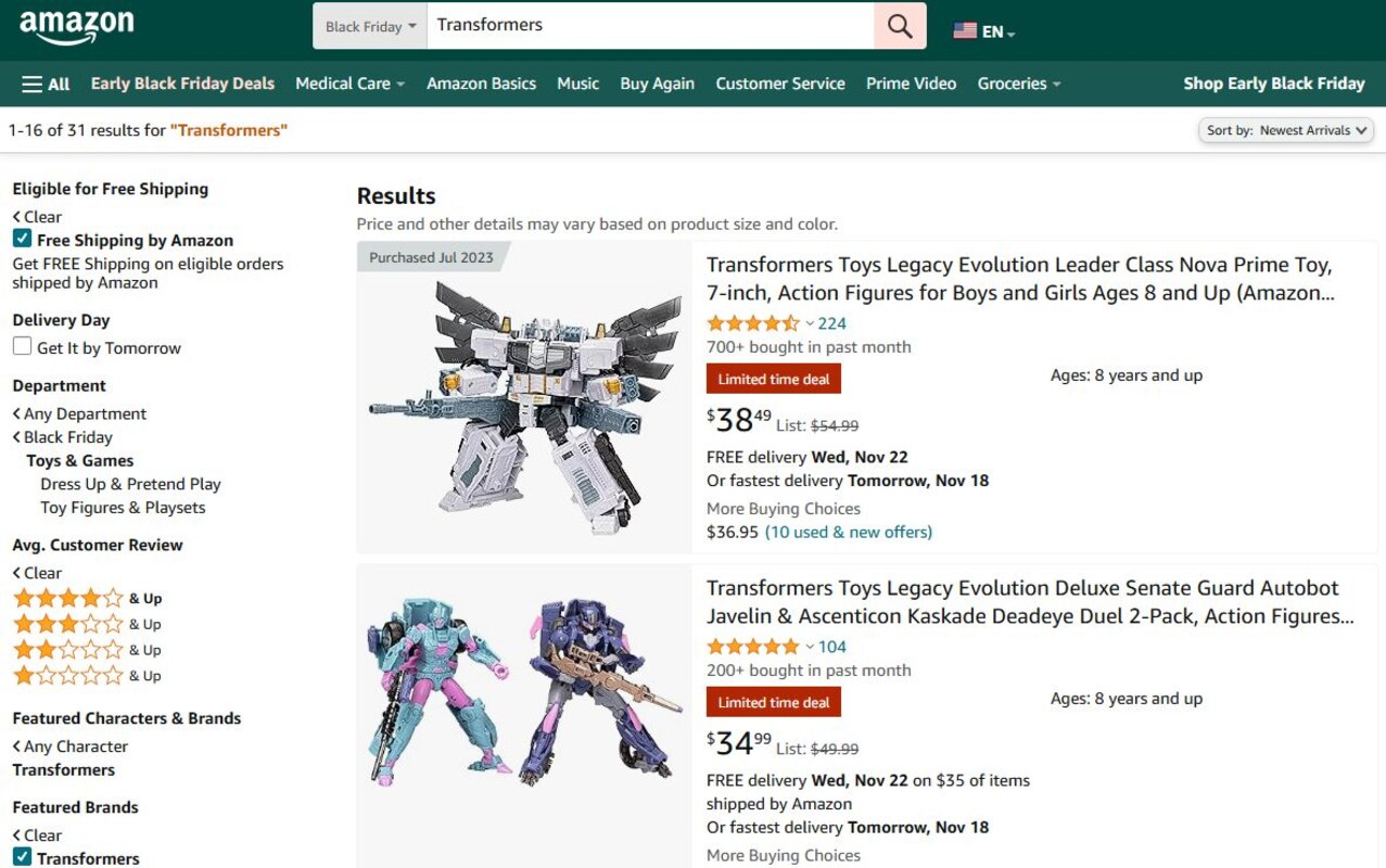 Transformers Amazon Black Friday Sale On Now - Deadeye Duel, Nova Prime, More Free Shipping