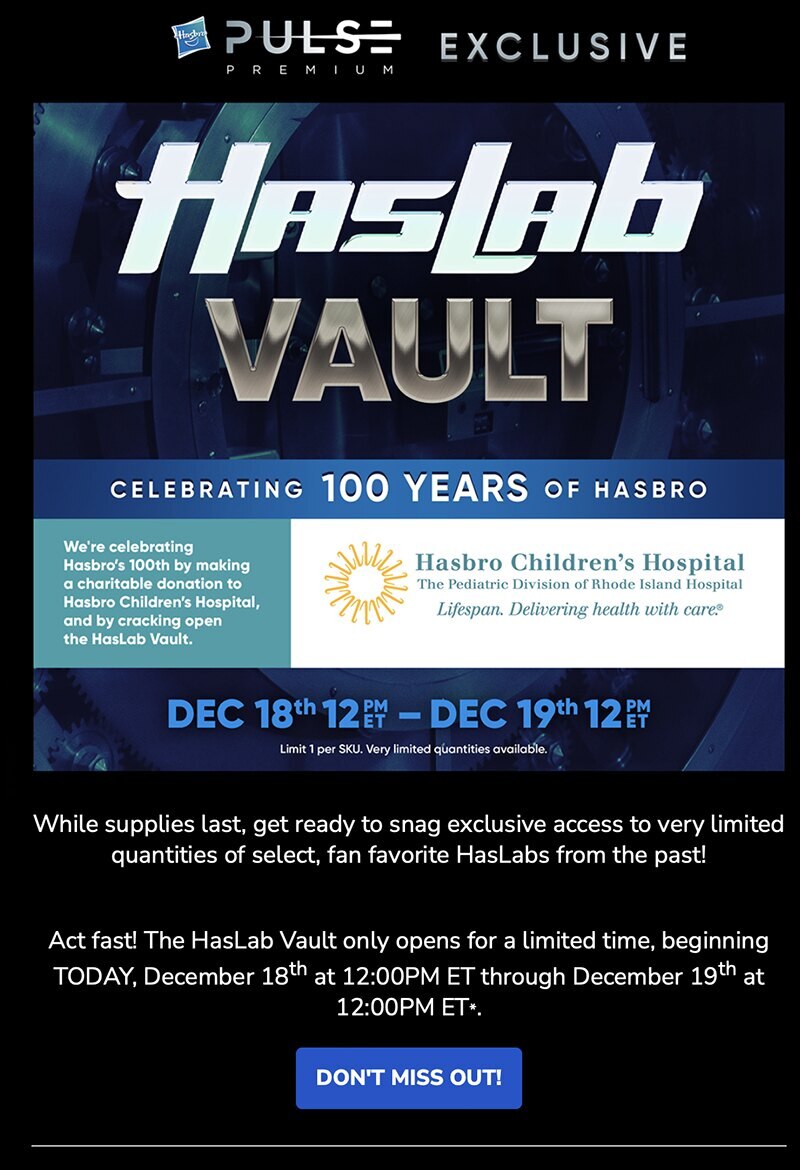Hasbro Opens the HasLab Vault December 18th - December 19th